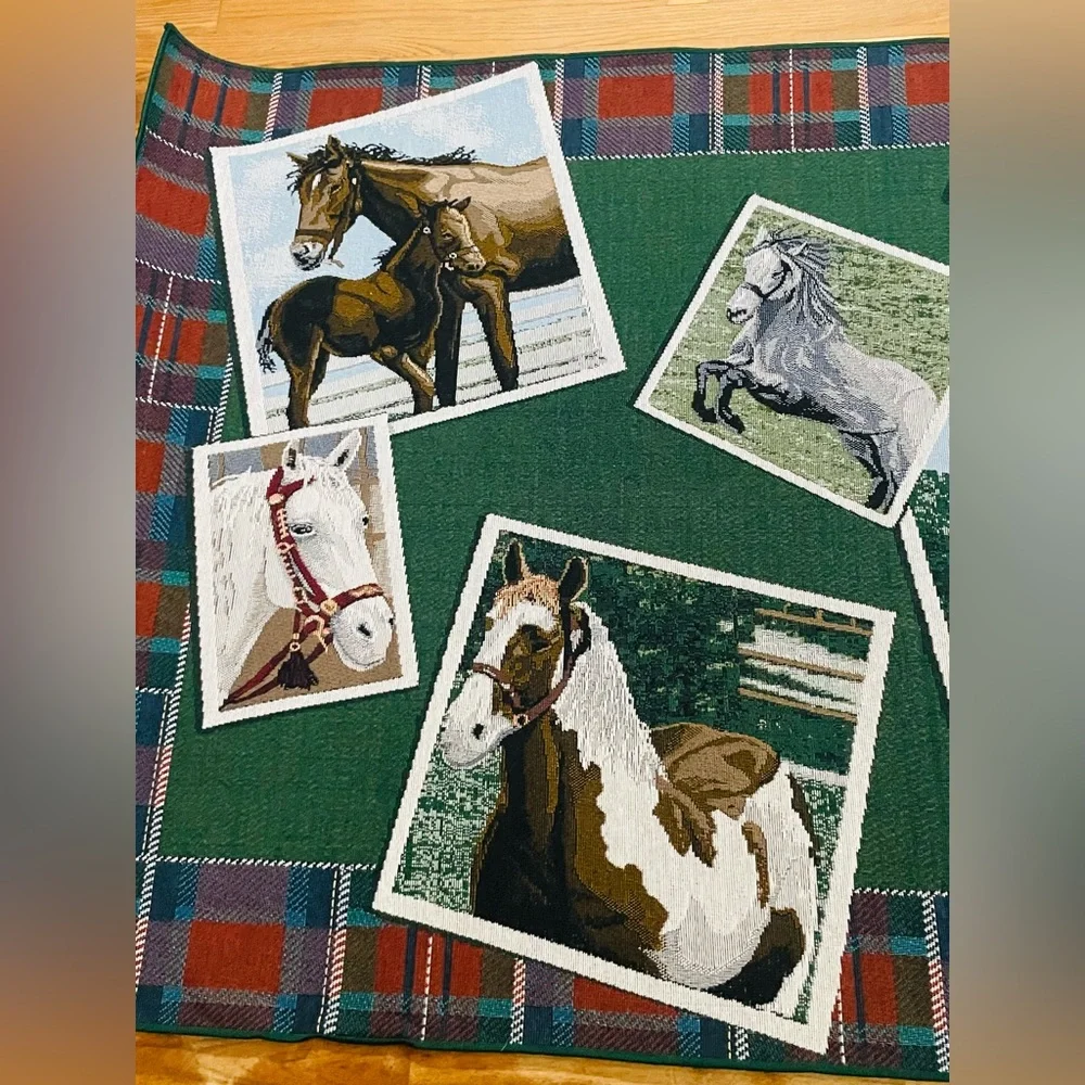 Vintage Horse Doormat 38x27 Foam Backed Equestrian Tapestry Plaid Border In EUC